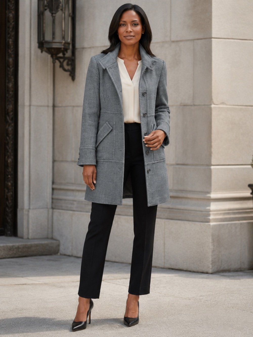 Trina Turk | Charcoal Gray Sand Collar Medium Long Jacket | Size Small